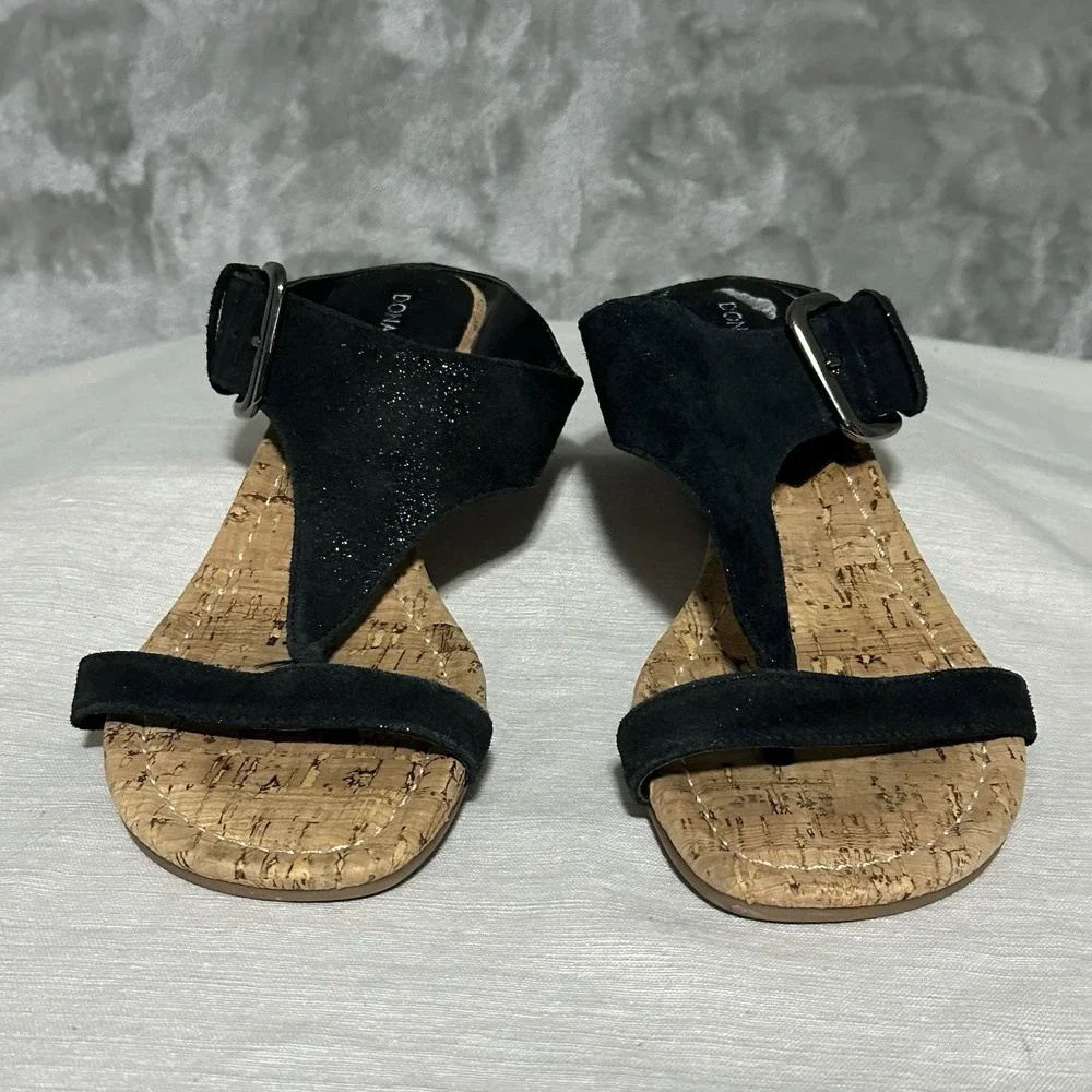 Donald Pliner Donni Metallic Leather Cork Thong Wedge Sandals Womens‎ 7.5M Black
